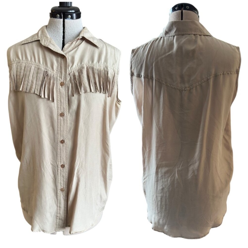Vintage My Way Creations Fringed Western Cowgirl Boho 100% Silk Sleevless Shirt